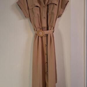 Beige Button-Down Midi Dress with Belt